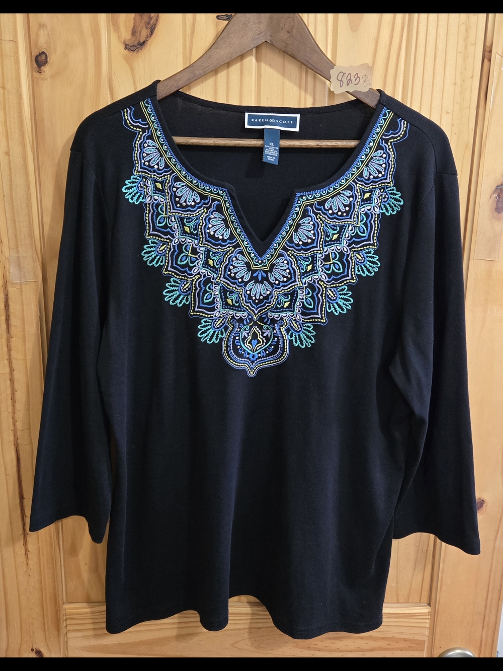 Karen Scott Women's Blouse Size XL Blue Embroidered V Neck 3/4 Sleeve Cotton‎